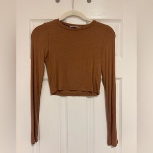 Olivaceous long sleeved ribbed cotton crop top in copper brown, size medium